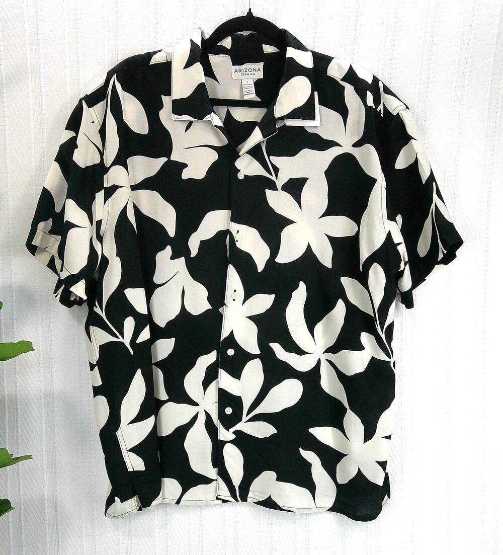 Arizona Easy-On/Off Adaptive Black White Tropical Button-Down Shirt-Men's XL NWT